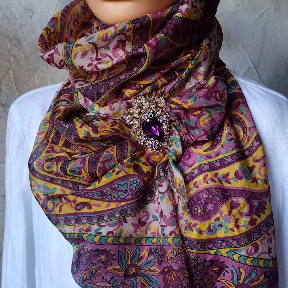 Designer Purple Scarf 100% Soft Silk Paisley Print Violet Gold Brooch